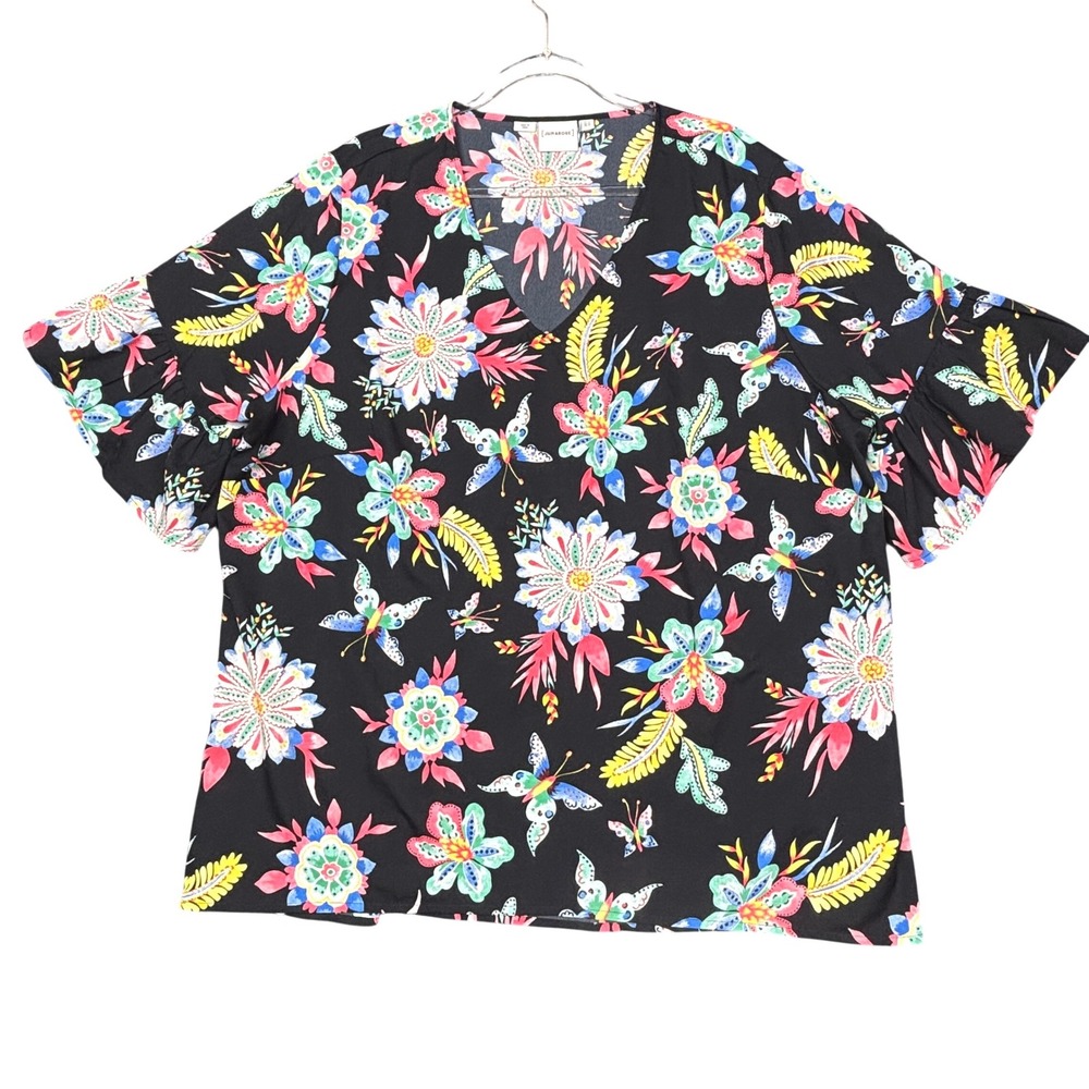 Junarose Floral Butterfly Print V-Neck Ruffle Sleeve Blouse Black Multi Size 22